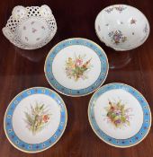 Three 19th century hand decorated Royal Worcester comports, a pierced Meissen dish and 19th