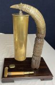 A trench art gong on stand with mallet. H.51 W.36 D.25cm