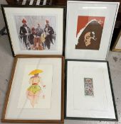 Four framed and glazed etchings, prints and a watercolour. (One with cracked glass as seen). H.70
