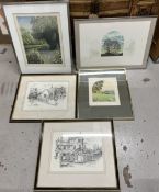Five framed and glazed etchings and prints. Largest being H.37 W.43cm