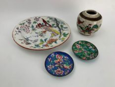 Two 19th century Canton enamel dishes, an Oriental ginger jar and an Oriental style 19th