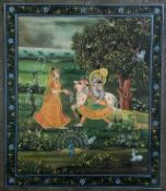 A C.1900 painting on cloth, Indian garden scene with figures and animals, framed and glazed. H.41