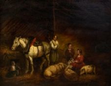 An 18th century style genre scene, figures in a stable, print on canvas in an antique gilt frame.