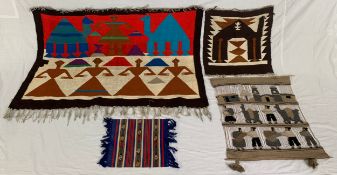 A collection of four South or Central American wall hanging tapestries. H.87 W.133cm (100largest)