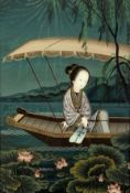 A Chinese reverse painting on glass in lacquered frame of a lady in traditional robes in a boat. H.
