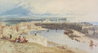 John Sell Cotman (1782-1842), a watercolour, figures overlooking a harbour with the white cliffs