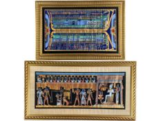 Two large Egyptian paintings on papyrus, glazed and gilt framed. H.68 W.129cm and H.82 W.123cm