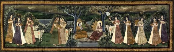 A large Indian painting on silk, figures and a courting scene in a garden setting. H.57 W.171cm