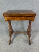 Games table, Victorian burr walnut and satinwood Arabesque inlay with foldover top and chessboard