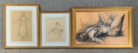 A Carol Peace charcoal and watercolour nude study and two other figural charcoal drawings, all