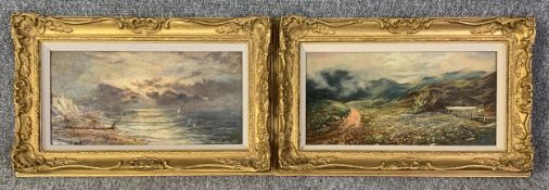 A pair of oils on canvas, seascape and a hilly landscape, signed A H Livens (?) in gilt frames. H.33