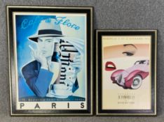 Two framed and glazed French Art Deco style reproduction posters. H.106 W.84cm (largest)