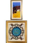 A contemporary glazed print and an Egyptian painting on papyrus, both framed and glazed. H.123 W.