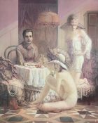 Ludmill Siskov (B.1936), a large acrylic on canvas, genre style interior scene with figures,