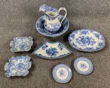 A miscellaneous collection of 19th century English blue and white porcelain. Dia.34cm (largest)