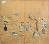 A 19th century Chinese silk embroidery, figures amongst trees and blossom. H.36 W.39cm