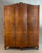 A mid century Queen Anne style burr walnut fitted wardrobe. (In sections for transport). H.201 W.153