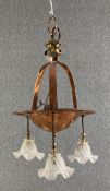 An Arts and Crafts hammered copper ceiling light with inset polished stones in the manner of