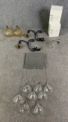 A pair of wall lights, a boxed Laura Ashley wall light and a hanging nine bulb chandelier. H.76cm (