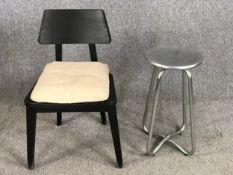 A vintage ebonised dining chair and a mid century aluminium industrial style stool. H.80 W.46 D.45cm