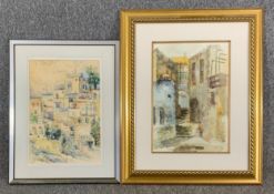 Two framed and glazed watercolours, continental townscapes, one indistinctly signed and dated. H.
