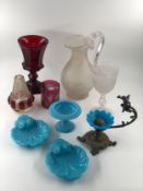 A miscellaneous collection of mostly Victorian glassware, including a ruby glass goblet and a