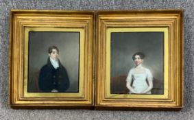 A pair of 19th century gouache portrait studies, gilt framed and glazed, labels to the reverse. H.38