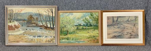 Frank Brearly, Two oil landscapes and a watercolour riverscape. H.49 W.63cm (largest)