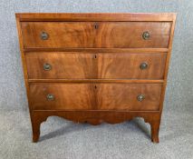 Chest of drawers, 19th century mahogany, crossbanded with satinwood string inlay on swept bracket