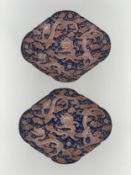 A pair of 19th century Chinese comports with dragon design on blue ground. Character mark to the