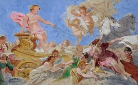 A framed and glazed watercolour, Renaissance style figure on a chariot with putti in attendance. H.