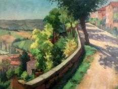 Camille Prouvost (1874-1950), oil on canvas, continental street with hills in the distance. H.77 W.