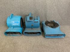 Three miscellaneous industrial fans, air movers or dryers. (In working order). H.47cm (largest)