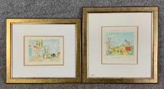 Two framed and glazed watercolours, indistinctly signed and inscribed in French by the same hand.