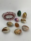 A vintage signed Bohemian glass ashtray, an art glass egg on stand, signed, another art glass egg