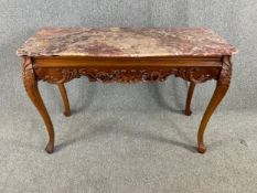 A 19th century style console table, carved mahogany with rouge marble top. H.83 W.126 D.50cm