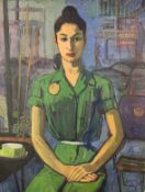 A mid century oil on canvas, expressionist portrait study of a seated woman, signed and dated