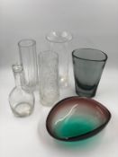 A collection of lead crystal glassware along with a vintage coloured glass vase and a bowl. H.
