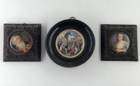 A pair of 19th century portrait miniature paintings on ceramic along with a framed 19th century