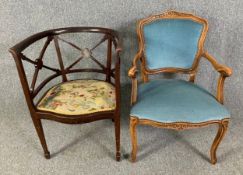 An Edwardian mahogany tub chair and a Louis XV style armchair. H.86 W.58 D.52cm