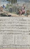 B. Cole, a 19th century hand coloured engraving of a lady playing the harpsichord with sheet music