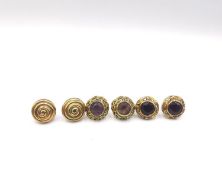 Thee pairs of modern gold stud earrings, including a pair of spiral design 9ct gold studs, a pair of