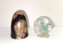 A 19th century Blue John dump paperweight along with a carved fluorite angel fish. H.9 diameter