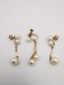 Three pearl and 14 carat rose gold drop earrings, including pair of stud drop earrings comprising of