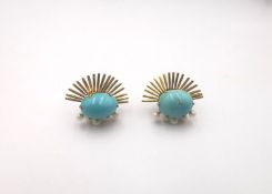 A pair of 1970's 9 carat yellow gold sunburst brutalist design turquoise and cultured pearl stud