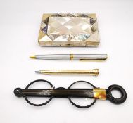 A mother of pearl and abalone mosaic card case, along with a pair of early 20th century folding