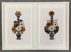 A pair of still life flower studies from butterfly wings, monogrammed, framed and glazed. H.53 W.