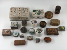 A collection of twenty one snuff and trinket boxes etc. some Indian pietra dura, mother of pearl,