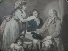 After Morland, a 19th century circular mezzotint, The Farmers Visit, framed and glazed. Dia.40cm.