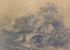 A 19th century pencil drawing, bridge over a stream with church, framed and glazed. H.56 W.66cm